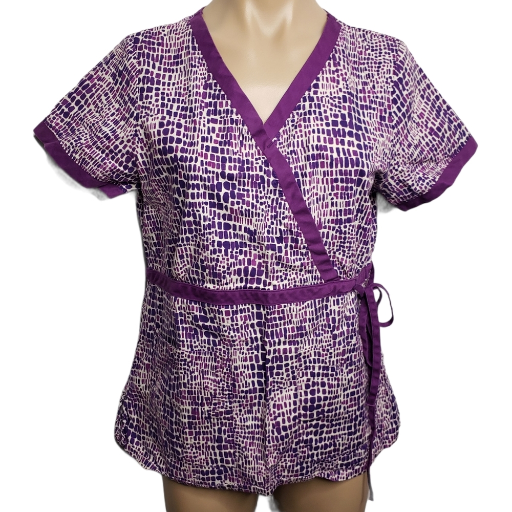 Koi Animal Print Scrub Top Purple White Medium